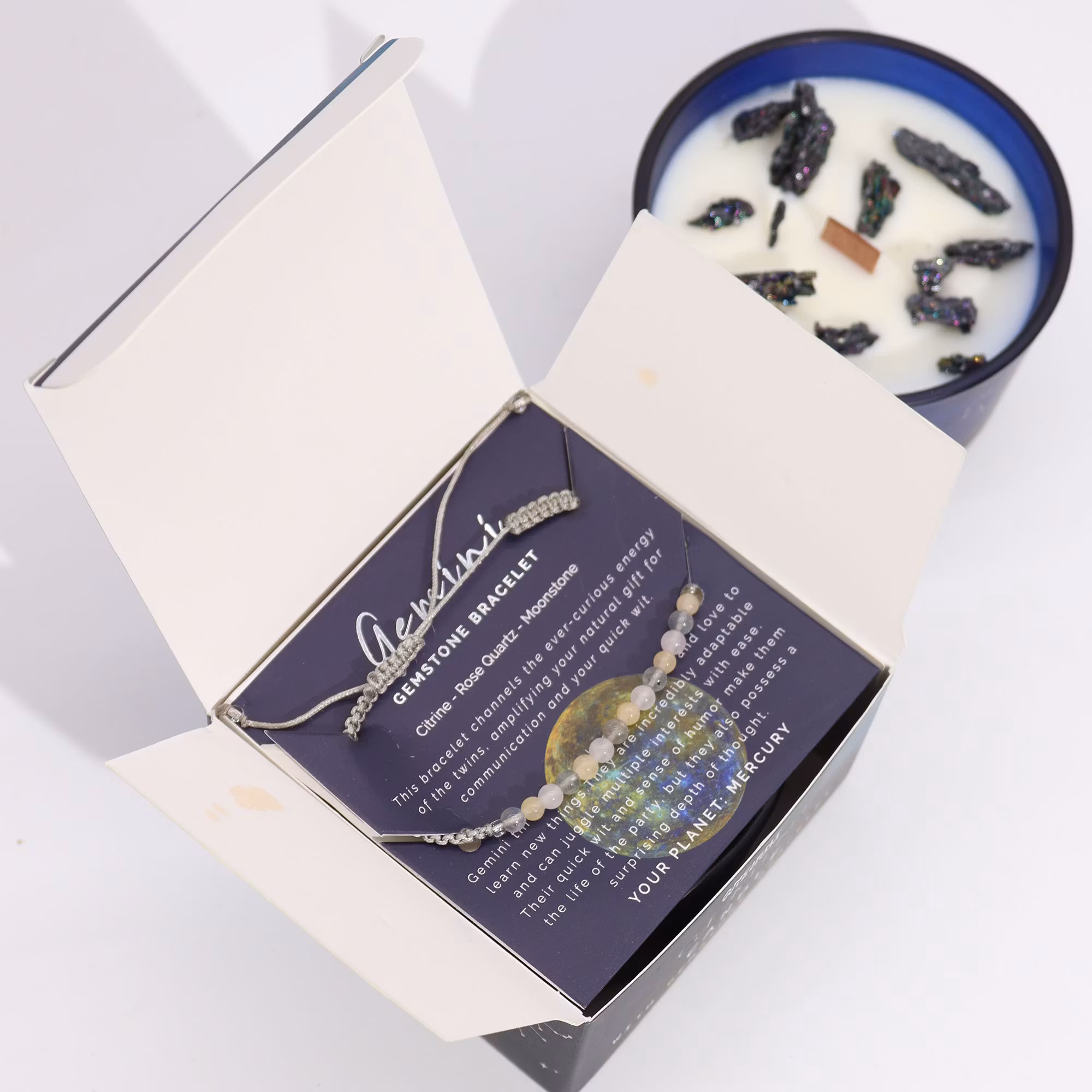 Ancient Wisdom - Zodiac Gemini (Tvillingarna), Stjärntecken doftljus kit med Pyrit & kristallarmband