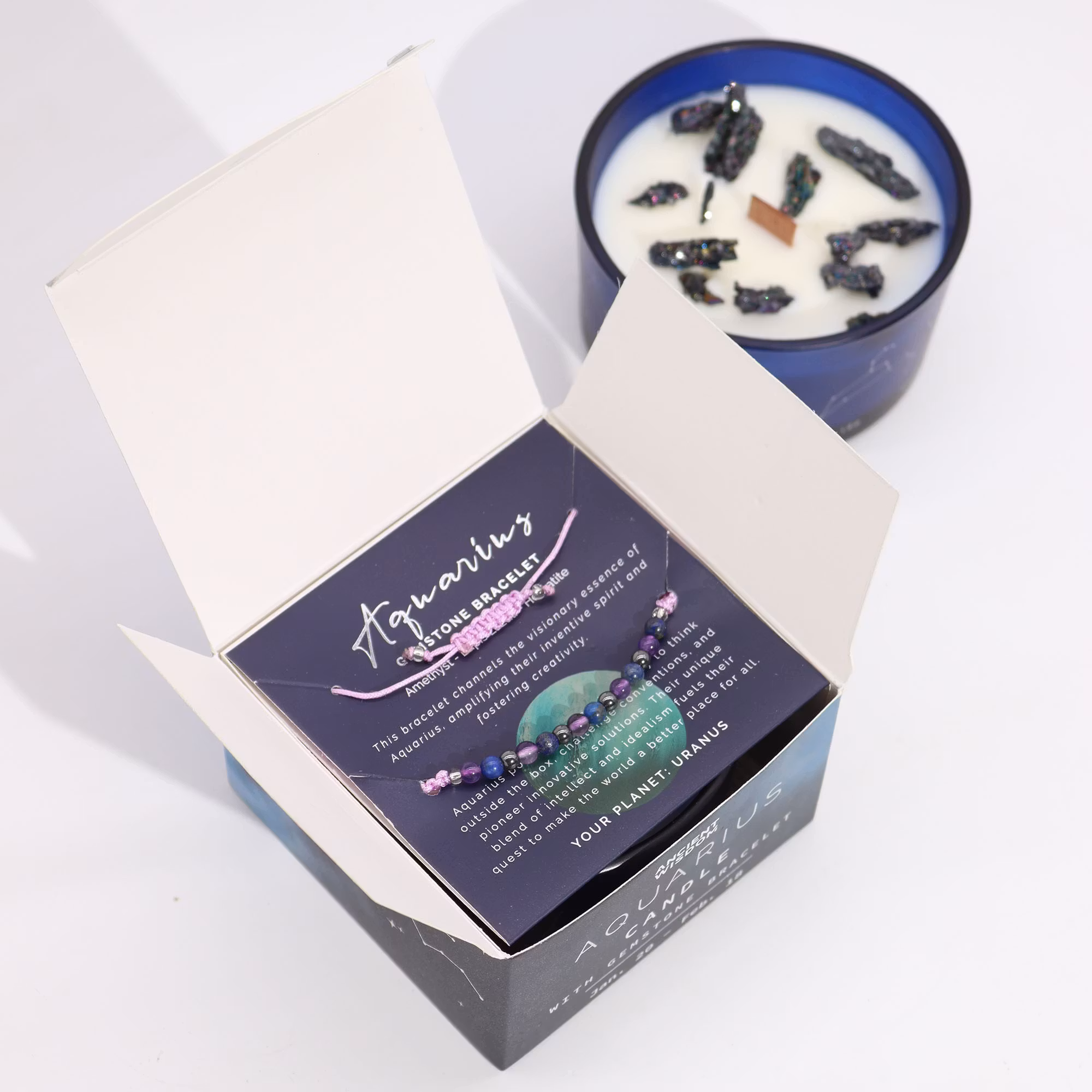 Ancient Wisdom - Zodiac Aquarius (Vattumannen), Stjärntecken doftljus kit med Pyrit & kristallarmband