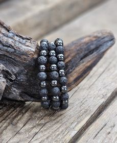 Lavasten & Hematit mix, armband 8mm runda pärlor