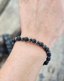 Lavasten & Hematit mix, armband 6mm runda pärlor