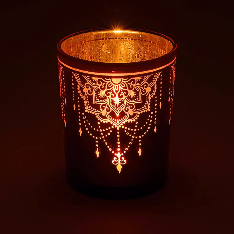 Ljuslykta stor - rosa & guld, Boho Mandala