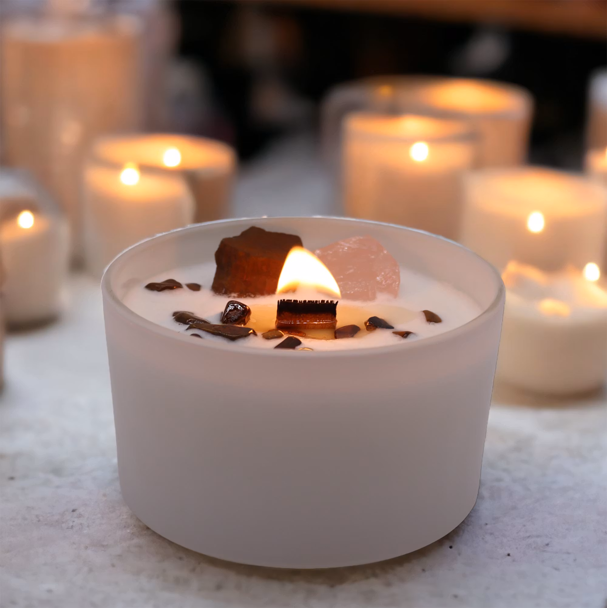 Ancient Wisdom – Sakralchakra doftljus med Tigeröga & Rosenkvarts – 17 h