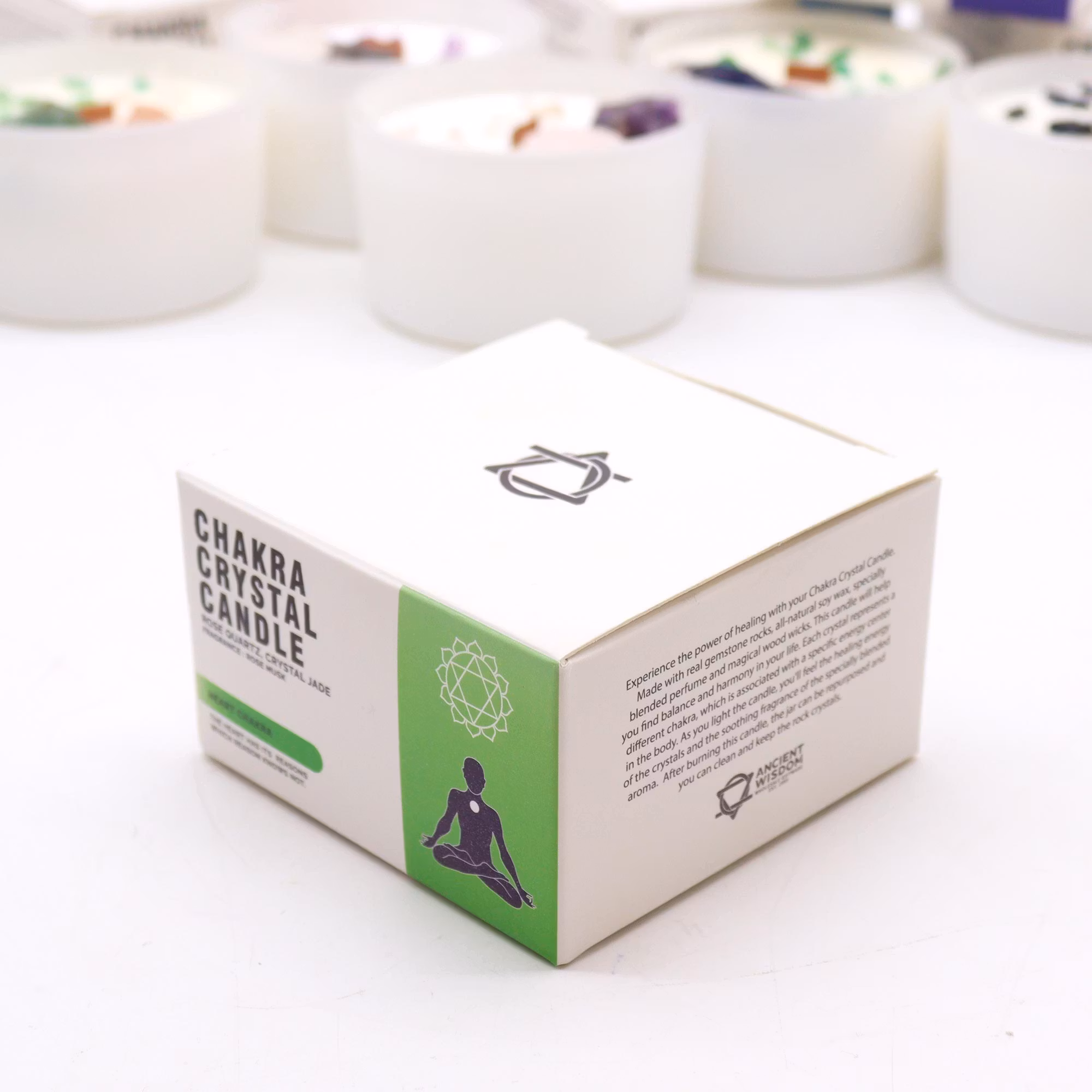 Ancient Wisdom – Hjärtchakra doftljus med Rosenkvarts & Jade – 17 h