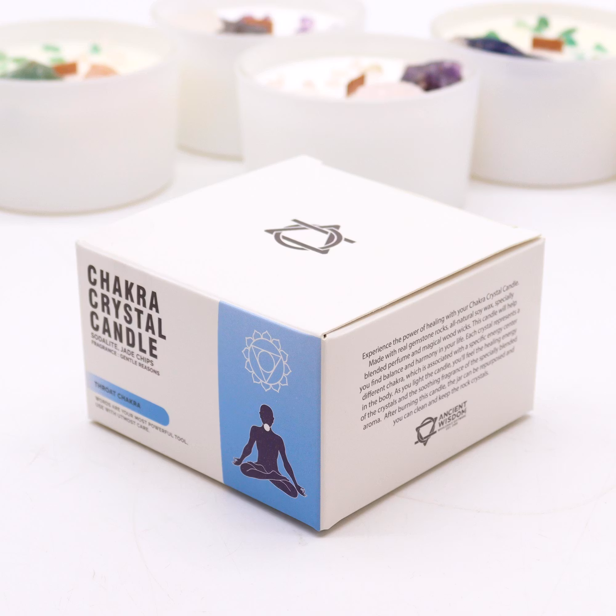 Ancient Wisdom – Halschakra doftljus med Sodalit & Jade – 17 h