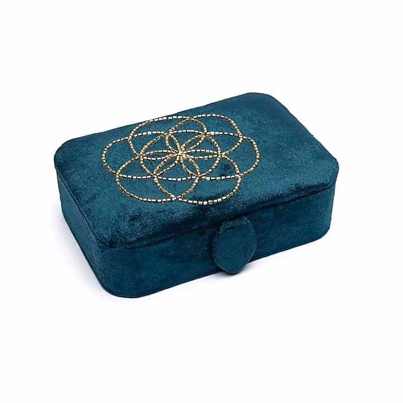 Broderad ask, petrol med Livets Frö för smycken, kristaller och tarotkort