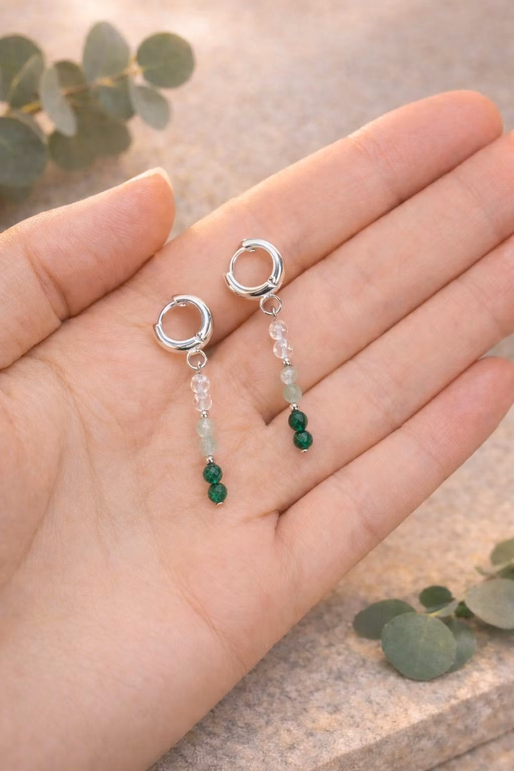 Bergkristall, Grön Aventurin & Malakit – Facettörhängen