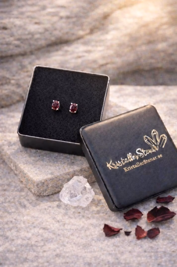 Granat – Ovala Facettörhängen, 925 Silver