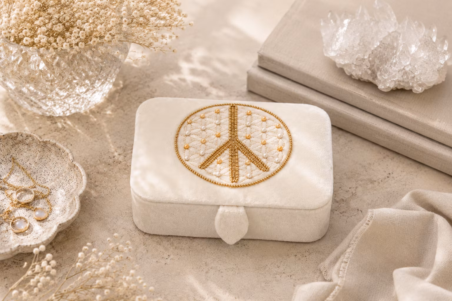 Broderad Ask, Cremevit med Flower of Life och Fredssymbol – För Smycken, Kristaller och Tarotkort