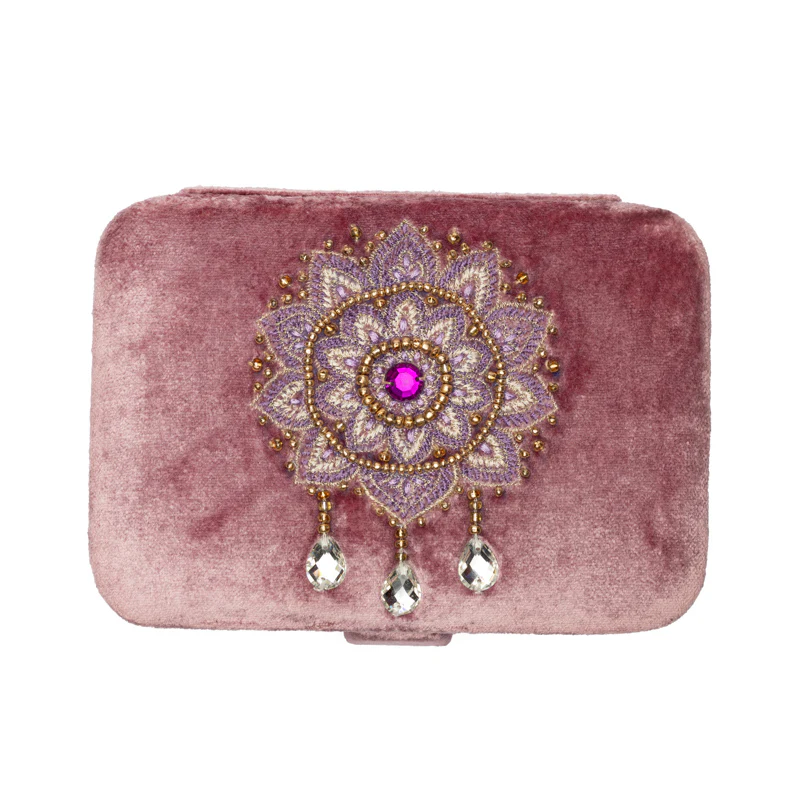 Broderad Ask, Rosélila med Mandala – För Smycken, Kristaller och Tarotkort