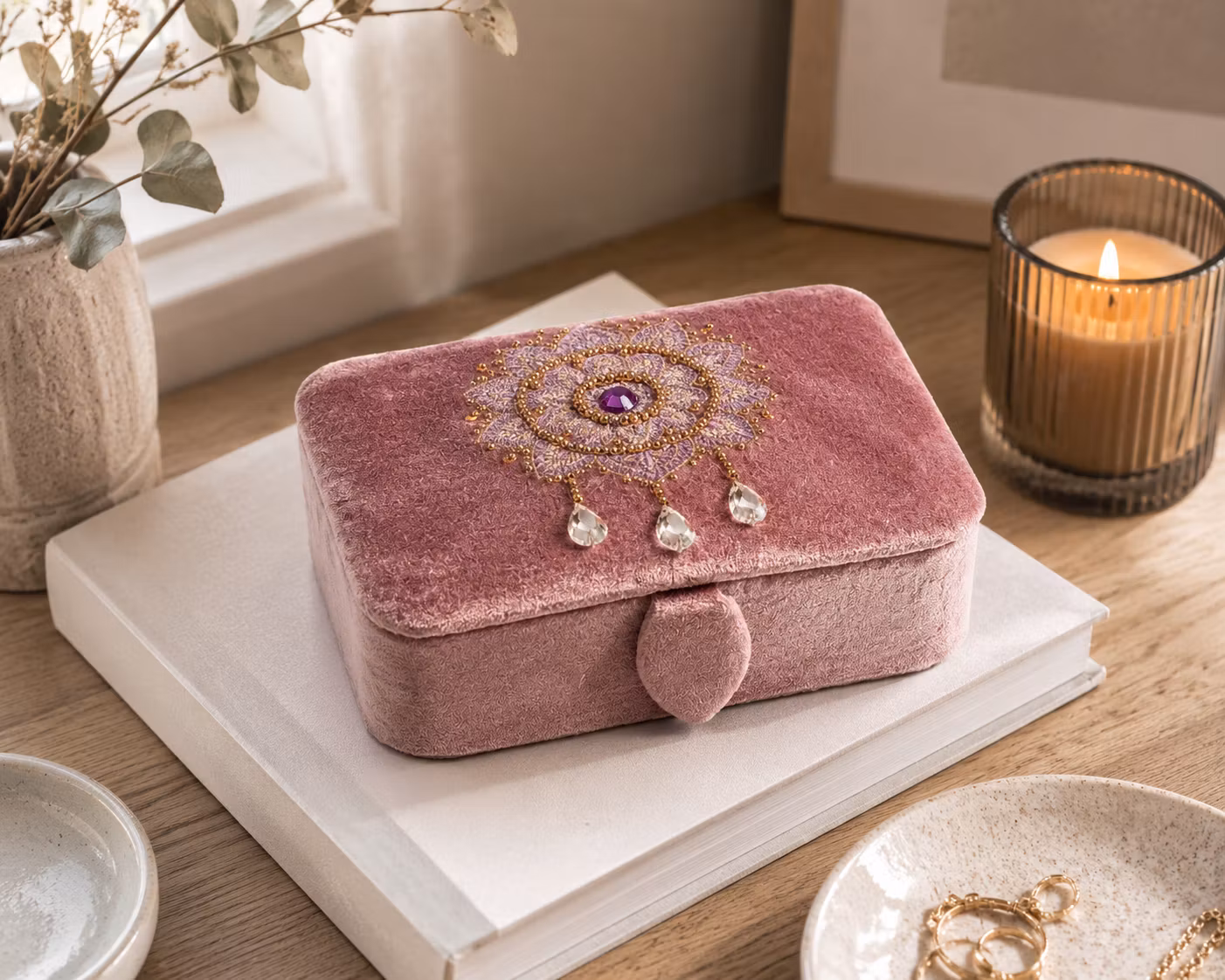 Broderad Ask, Rosélila med Mandala – För Smycken, Kristaller och Tarotkort
