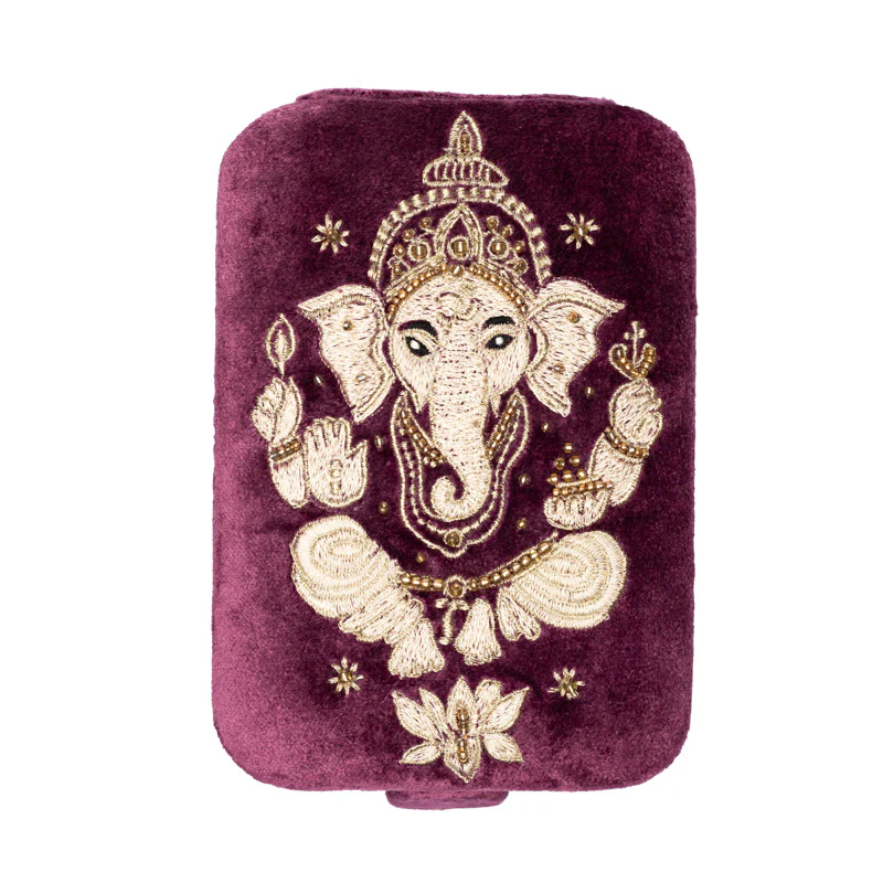 Broderad Ask, Burgundy med Ganesha – För Smycken, Kristaller och Tarotkort