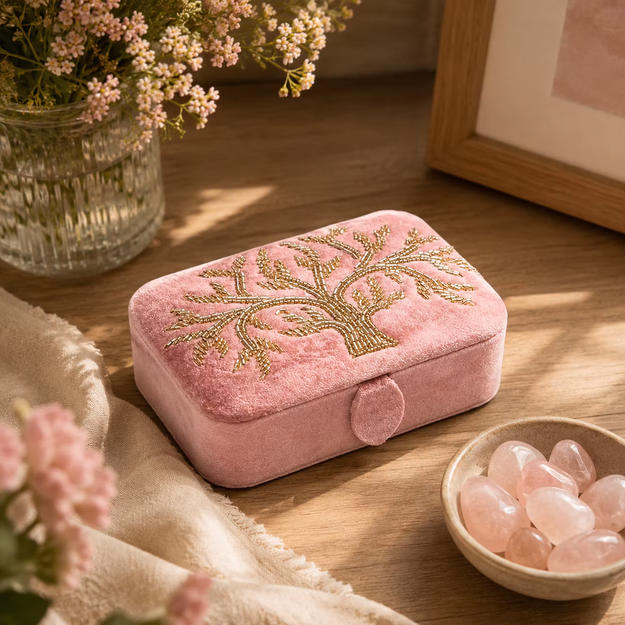 Broderad Ask, Rosa med Livets Träd – För Smycken, Kristaller och Tarotkort