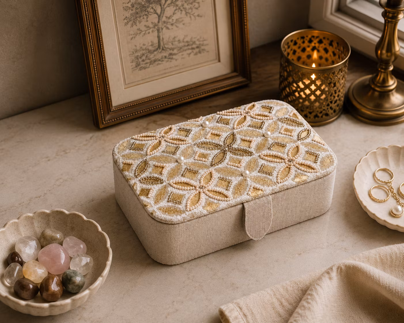 Broderad Ask, Beige med Flower of Life – För Smycken, Kristaller och Tarotkort