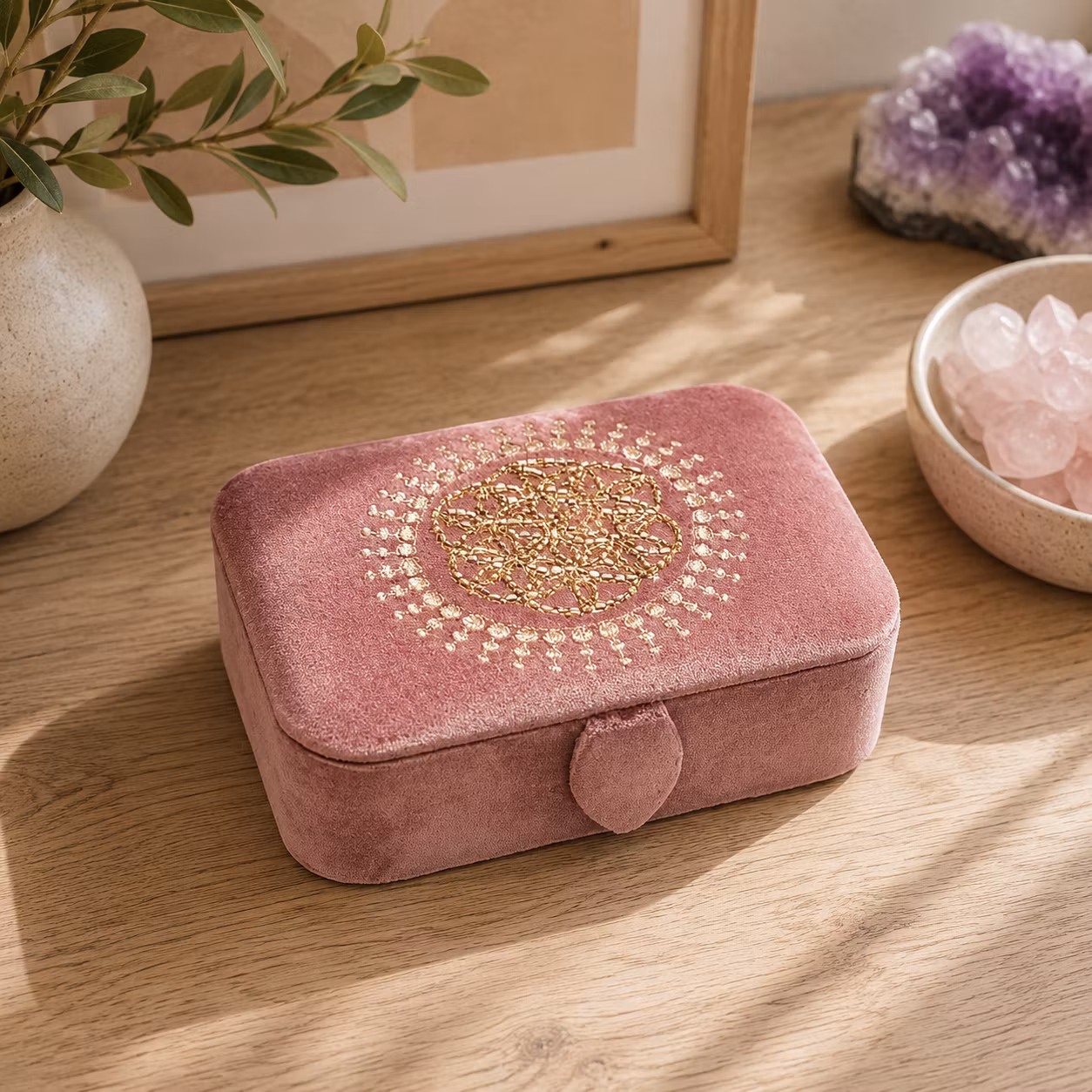 Broderad Ask, Rosa med Livets Blomma – För Smycken, Kristaller och Tarotkort