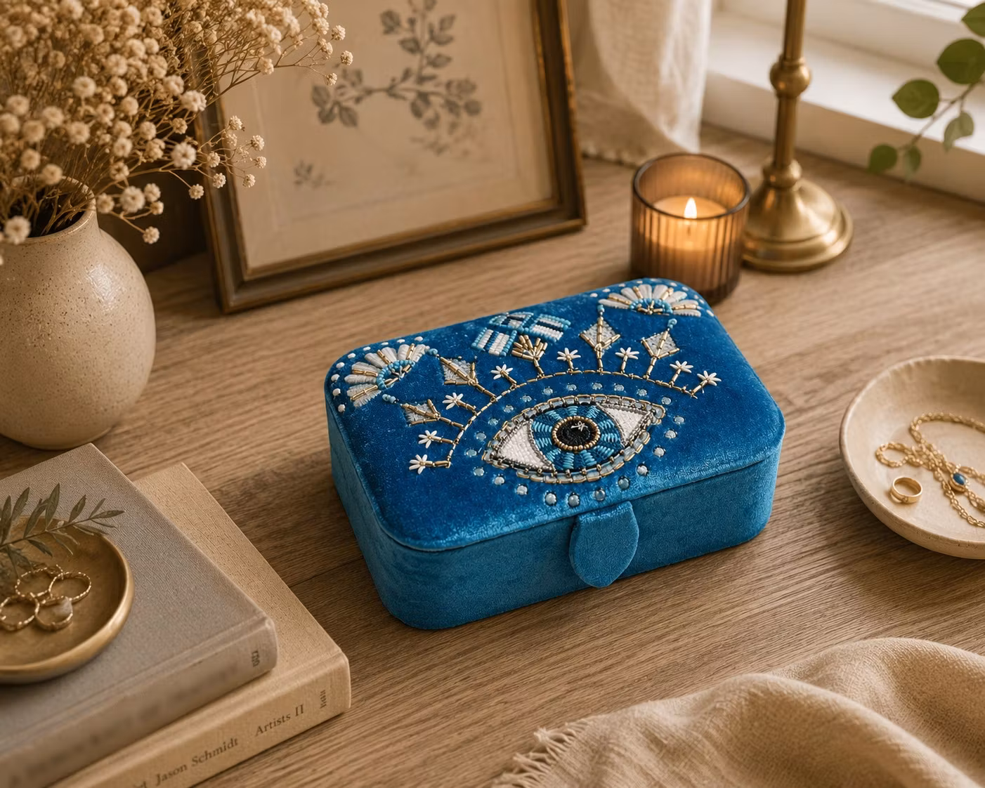 Broderad Ask, Turkosblå med Amulettöga – För Smycken, Kristaller och Tarotkort