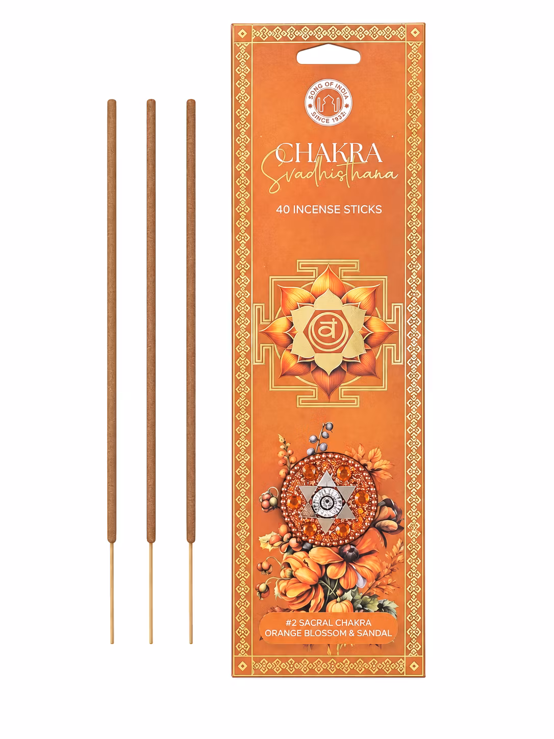 Song of India – Svadhisthana Sacral Chakra (2:a chakrat, Orange) – Apelsinblomma & Sandelträ, rökelsepinnar