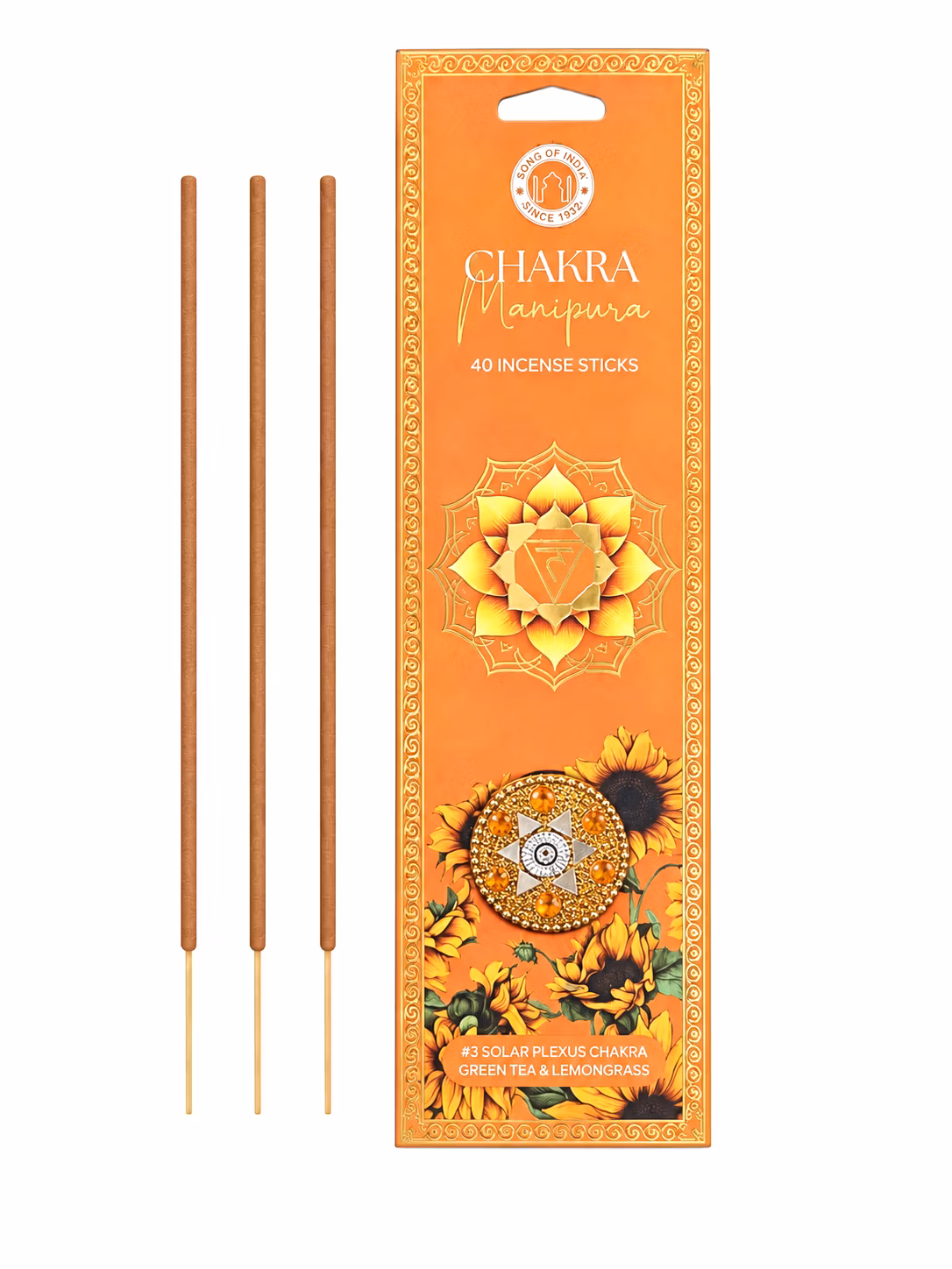 Song of India – Manipura Solar Plexus Chakra (3:e chakrat, Gul) – Grönt Te & Citrongräs, rökelsepinnar