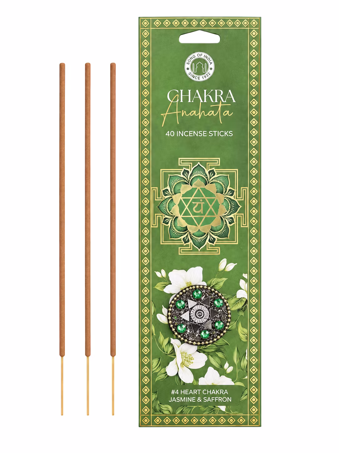 Song of India – Anahata Heart Chakra (4:e chakrat, Grön) – Jasmin & Saffran, rökelsepinnar