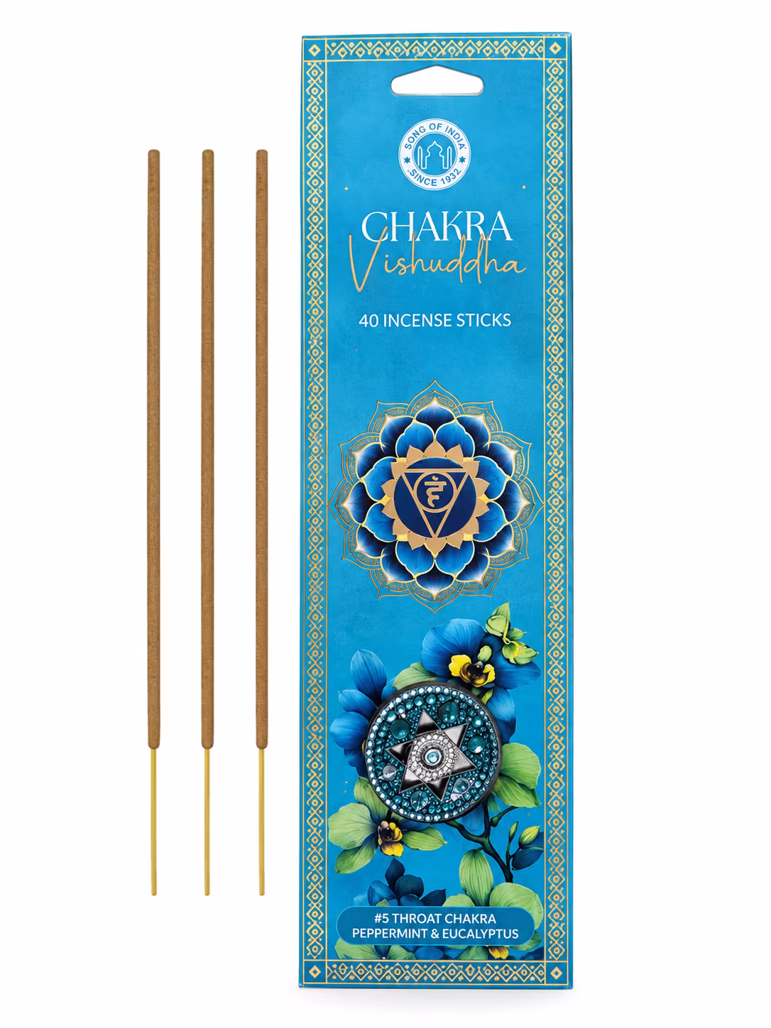 Song of India – Vishuddha Throat Chakra (5:e chakrat, Blå) – Pepparmynta & Eukalyptus, rökelsepinnar