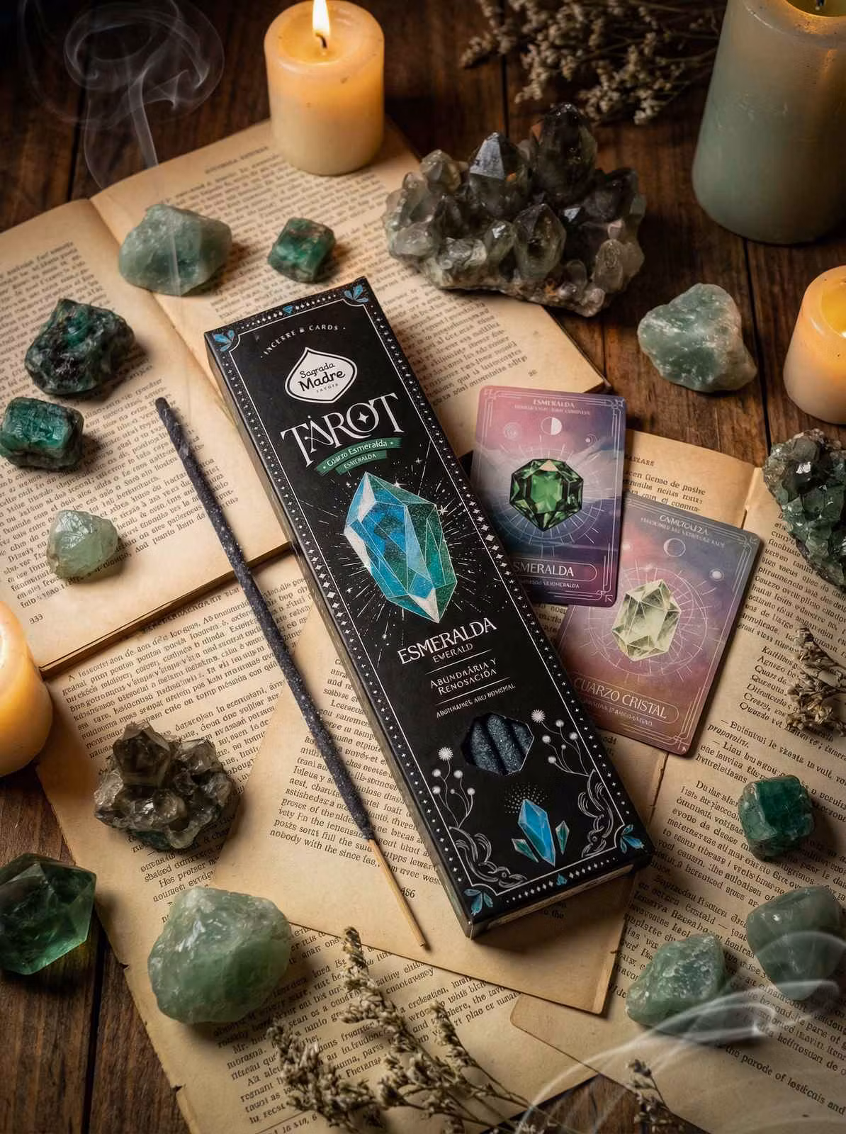Sagrada Madre Tarot Gems Emerald (Smaragd) rökelse med tarotkort