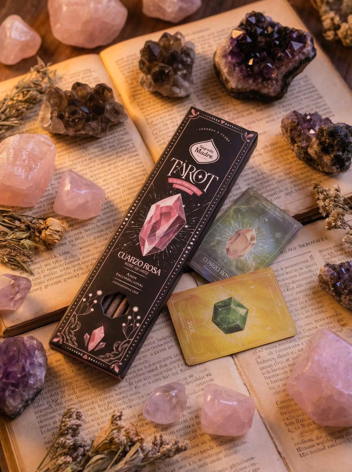Sagrada Madre Tarot Gems Rose Quartz (Rosenkvarts) rökelse med tarotkort