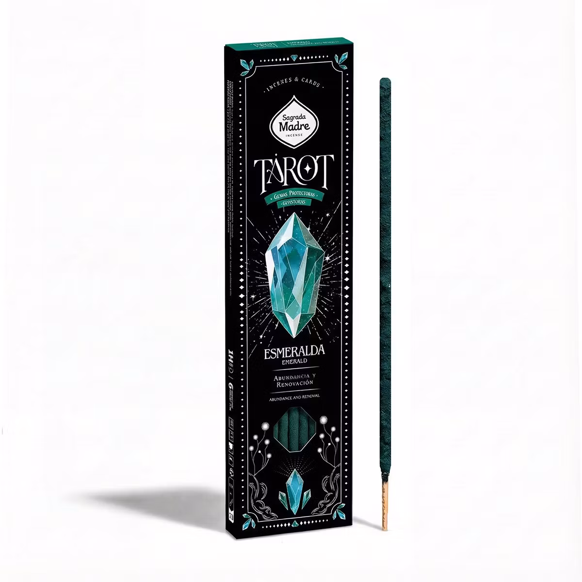 Sagrada Madre Tarot Gems Emerald (Smaragd) med glittrande rökelsepinnar och tarotkort