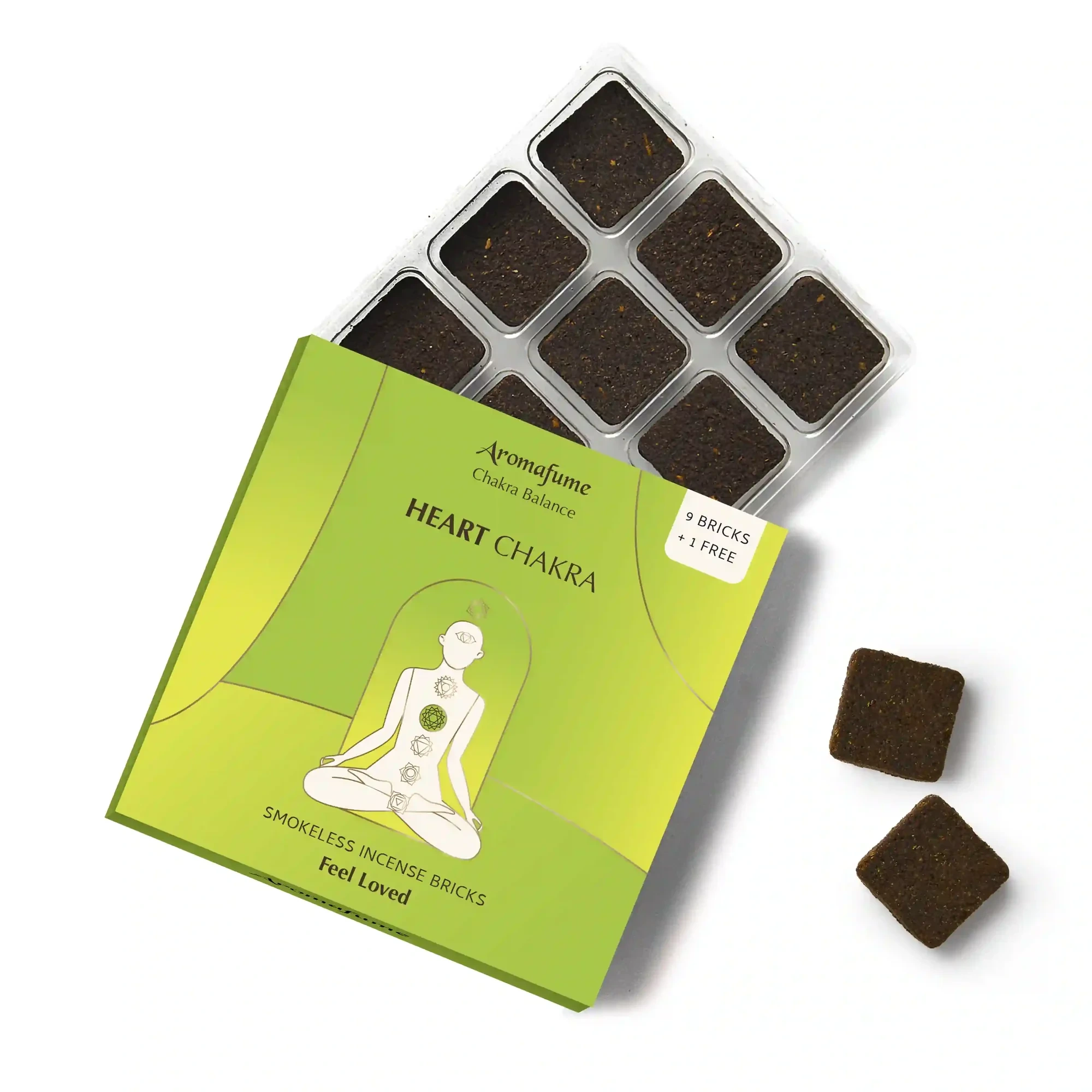Aromafume Anahata Heart Chakra rökelsebrickor ny förpackning och produkt – 4:e chakrat, grön