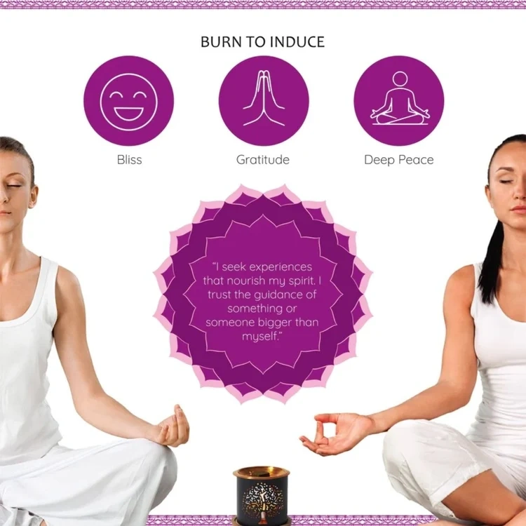 Aromafume Sahasrara Crown Chakra rökelsebrickor och förpackningsdetaljer – 7:e chakrat, violett