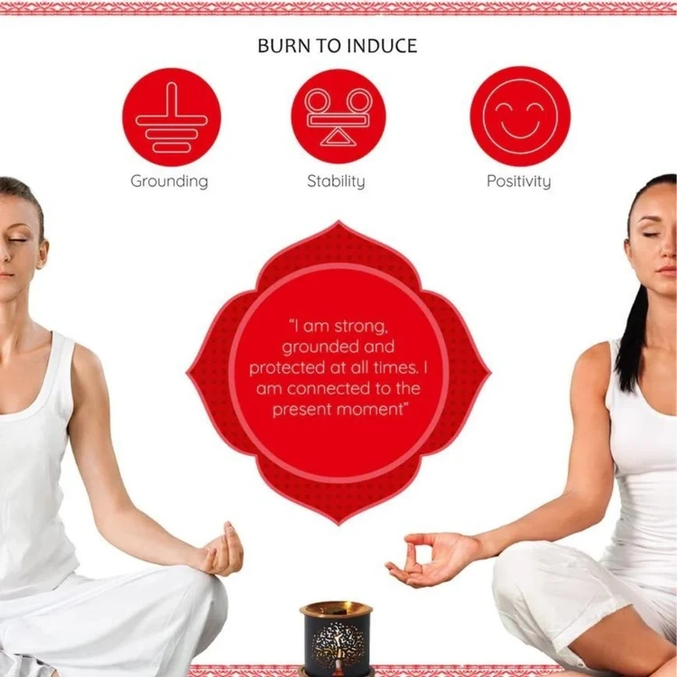 Aromafume Muladhara Root Chakra rökelsebrickor och förpackningsdetaljer – 1:a chakrat, röd