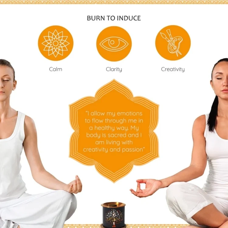 Aromafume Svadhishtana Sacral Chakra rökelsebrickor och förpackningsdetaljer – 2:a chakrat, orange