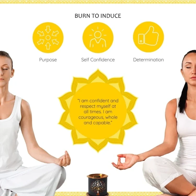 Aromafume Manipura Solar Plexus Chakra rökelsebrickor och förpackningsdetaljer – 3:e chakrat, gul