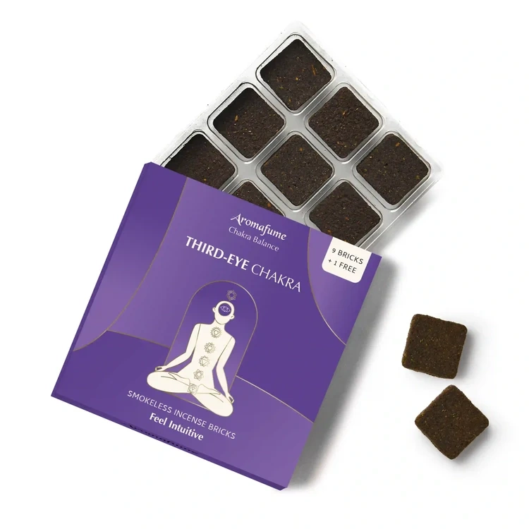 Aromafume Ajna Third Eye Chakra rökelsebrickor ny förpackning och produkt – 6:e chakrat, indigo
