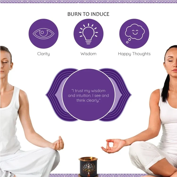 Aromafume Ajna Third Eye Chakra rökelsebrickor och förpackningsdetaljer – 6:e chakrat, indigo