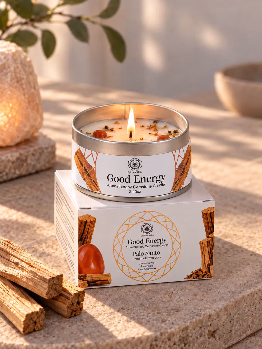 Green Tree Good Energy Palo Santo – doftljus med Karneol i metallburk och presentask