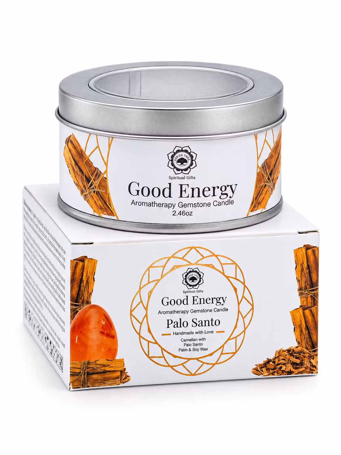 Good Energy Palo Santo – Green Tree doftljus med orange Karneolstenar