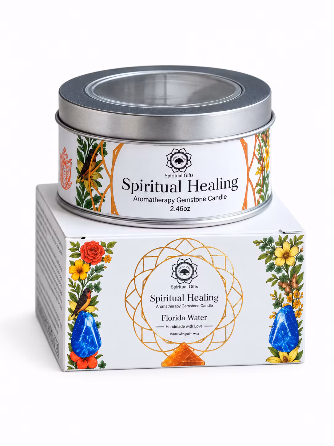Spiritual Healing Florida Water – Green Tree doftljus med blå Lapis Lazuli-stenar