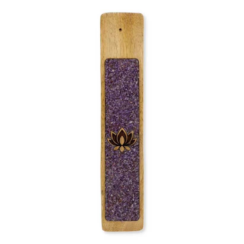 Rökelsehållare Lotus med Ametist – Mangoträ, 25 cm