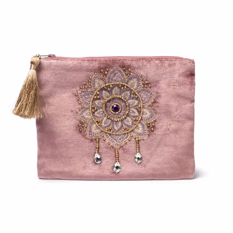 Broderad Necessär, Rosélila med Mandala – För Smycken, Kristaller och Smink