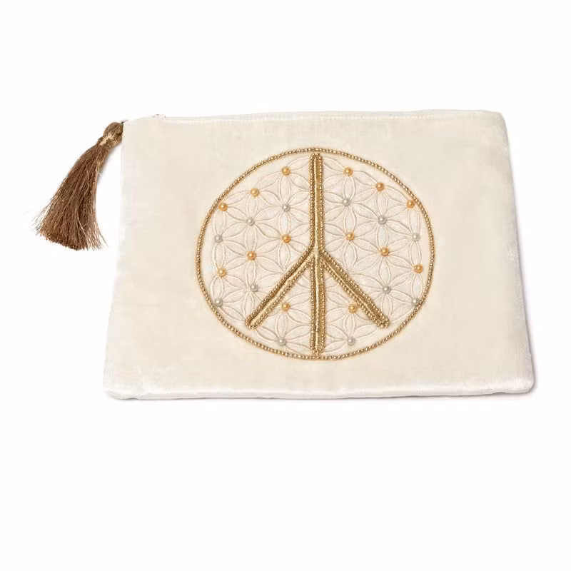 Broderad Necessär, Cremevit med Flower of Life och Fredssymbol – För Smycken, Kristaller och Smink