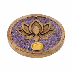 Rökelsehållare Lotus med Ametist – Mangoträ, 10 cm