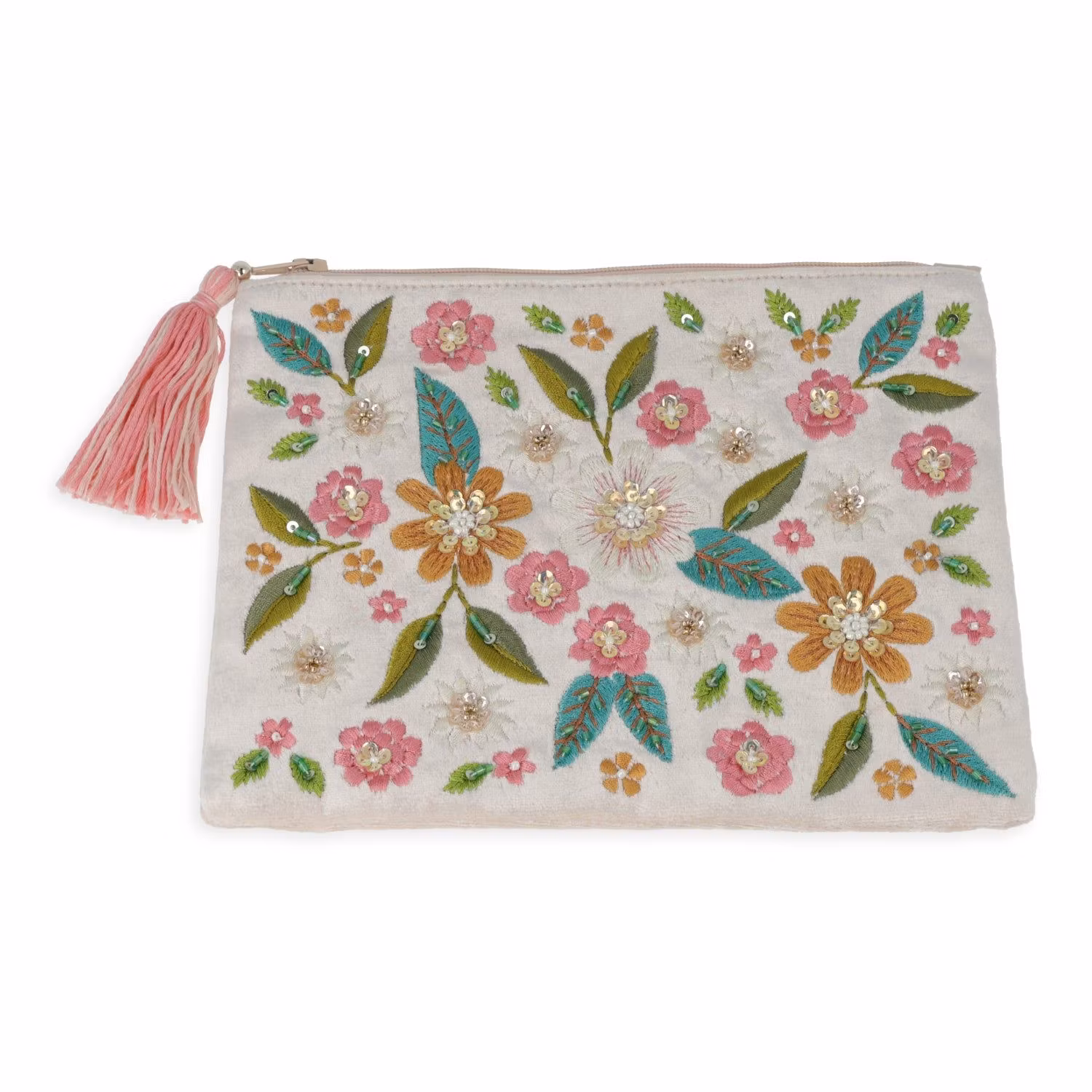 Broderad Necessär, Pärlvit med Blommor – För Smycken, Kristaller och Smink