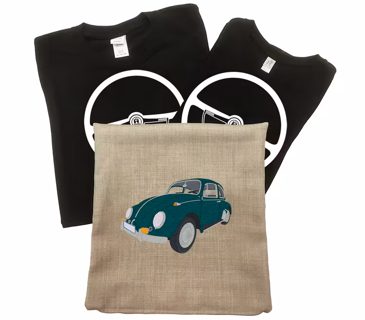 Svart T-shirt, dam och herr. VW Beetle ORIGINAL + beige kuddfodral med VW 1300, 1967