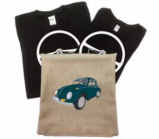 Svart T-shirt, dam och herr. VW Beetle ORIGINAL + beige kuddfodral med VW 1300, 1967