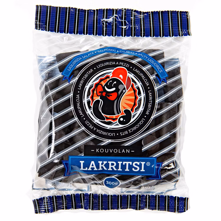 En blå påse med mjuk saltlakrits.