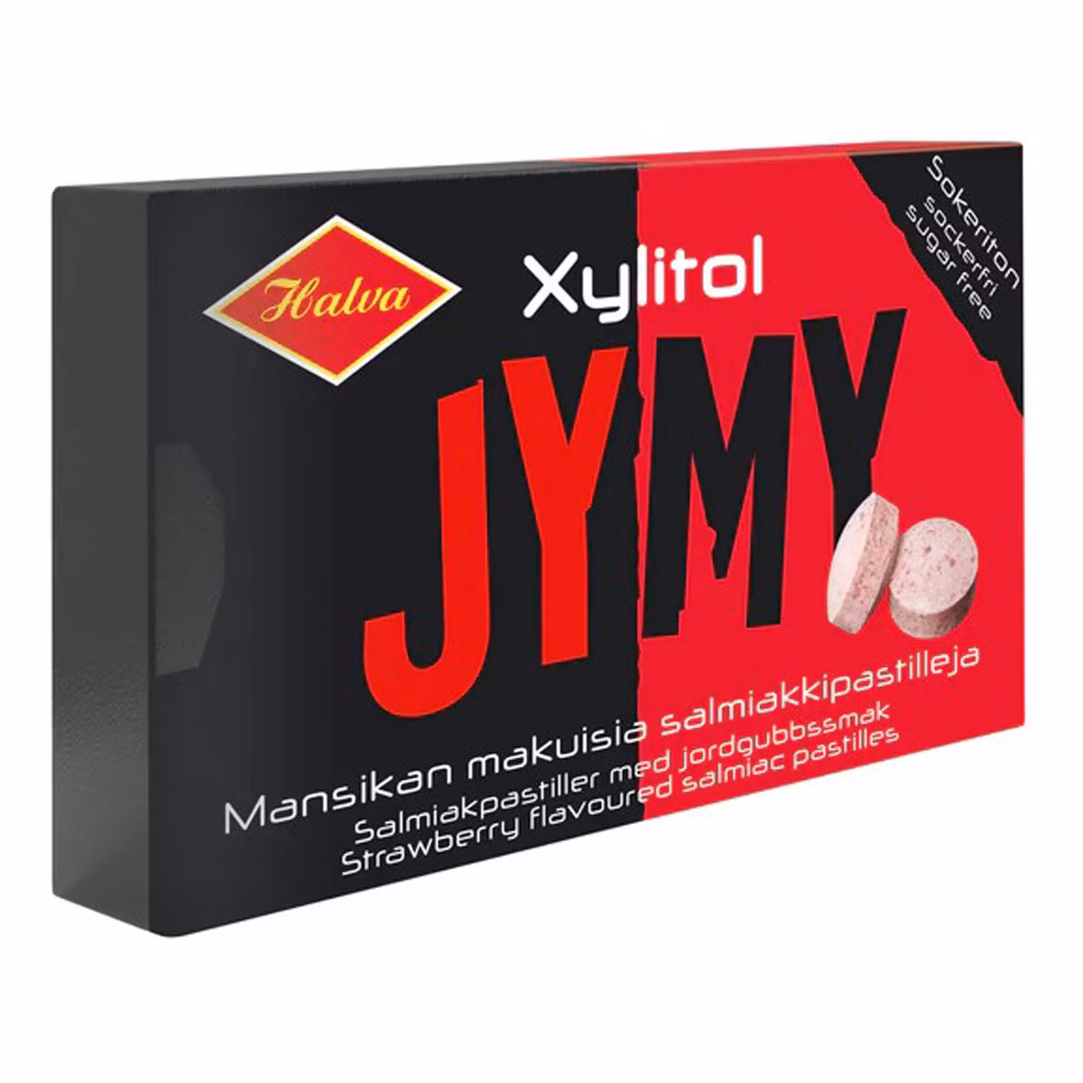 Pappersask med sockerfria pressade saltlakritspastiller smaksatta med jordgubb från Halva i Finland.