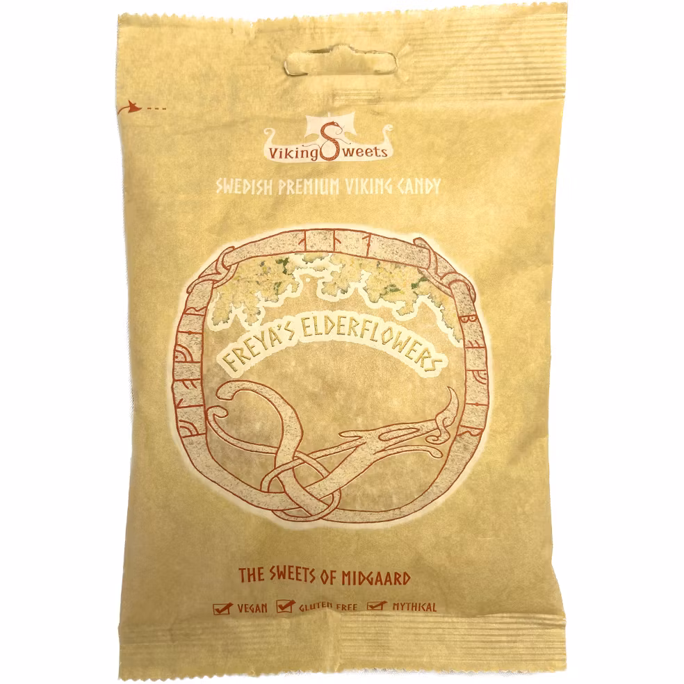 En påse med godis bitar i formen av Tors hammare smaksatta med fläder