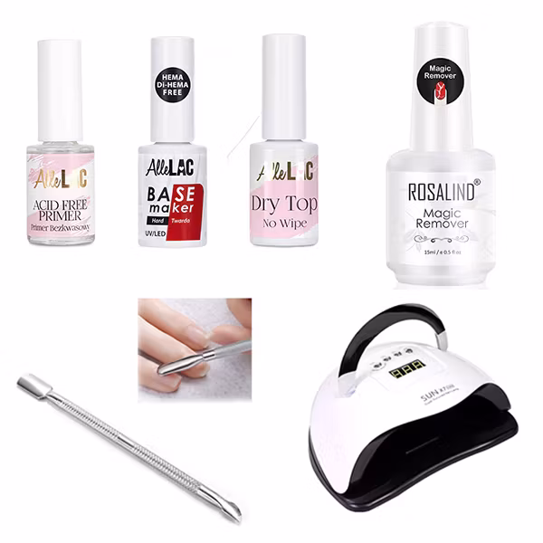 Stort Startkit- Primer, Base & Toplack + UV Lampa + Remover + Nagelbandsverktyg