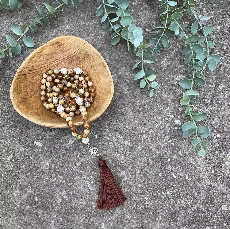 Mala halsband (handknuten) Bildjaspis & Vit matt jaspis
