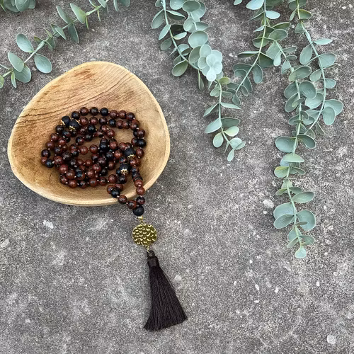 Mala halsband (handknutet) Mahogny obsidian & Lavasten