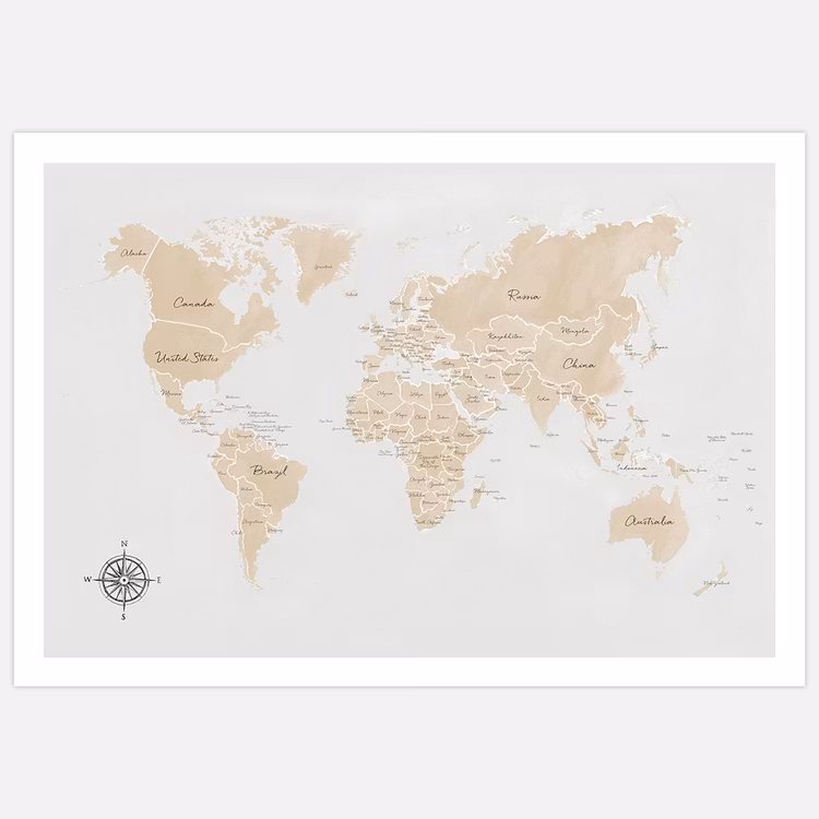 World Map In Beige Art Print